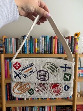 Hand Beaded Travel Passport Shoulder Bag Purse – Ivory – NWT
